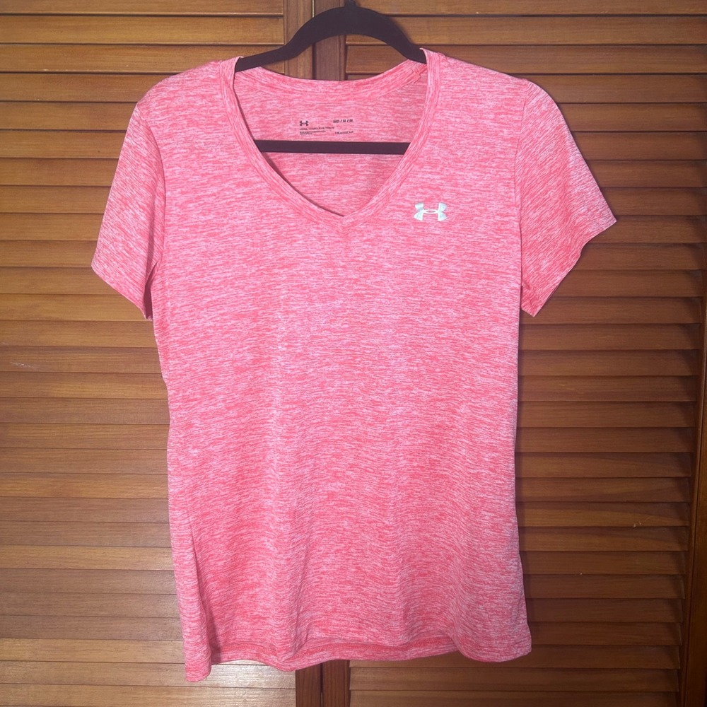 Under Armour Womens HeatGear V-Neck T-Shirt Pink Heather Space‎ Dye Medium